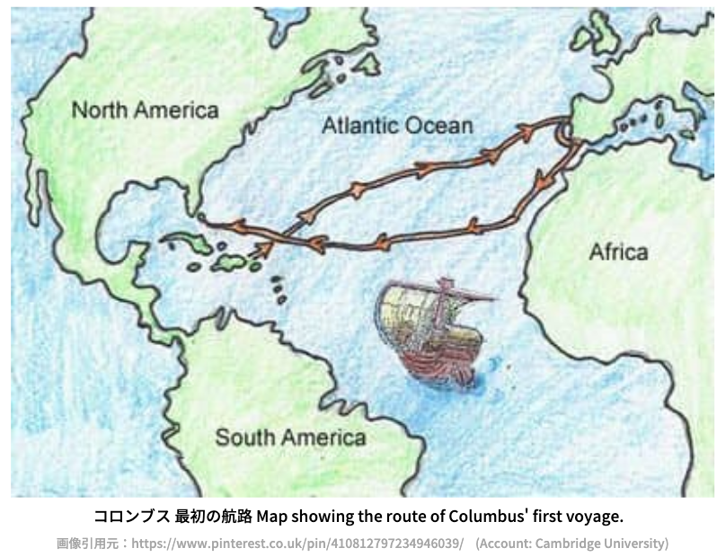 Map showing the route of Columbus' first voyage.